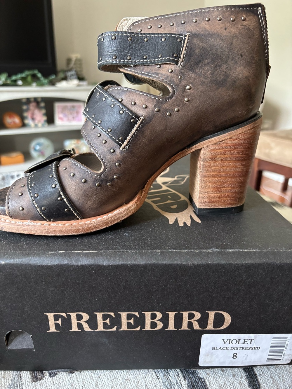 Freebird by Steven Brown and Black Distressed Studded Block Heel Sandals